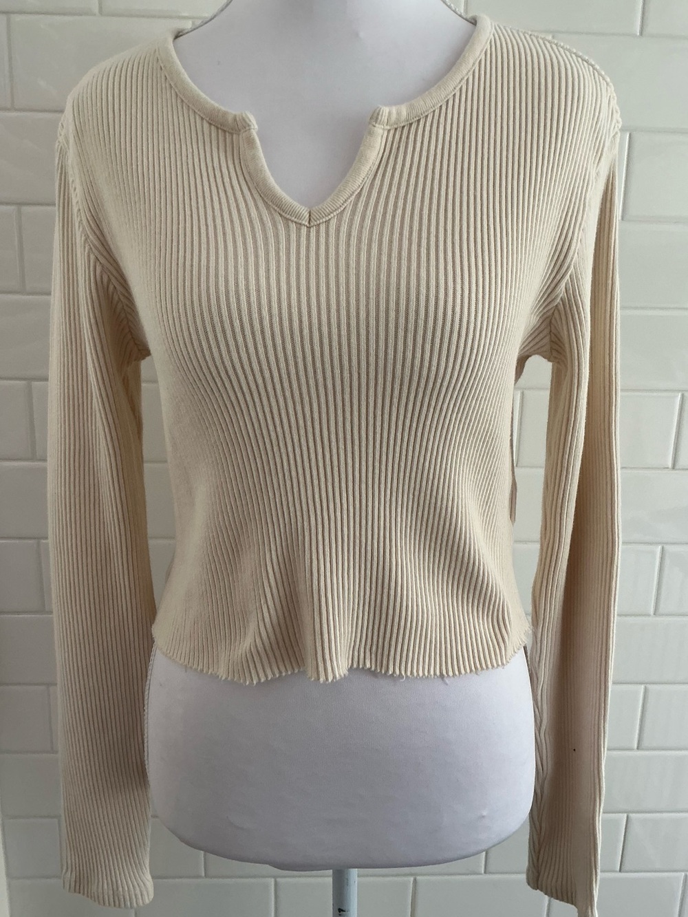 Brandy Melville Cream Ribbed V-Notch Long Sleeve Top